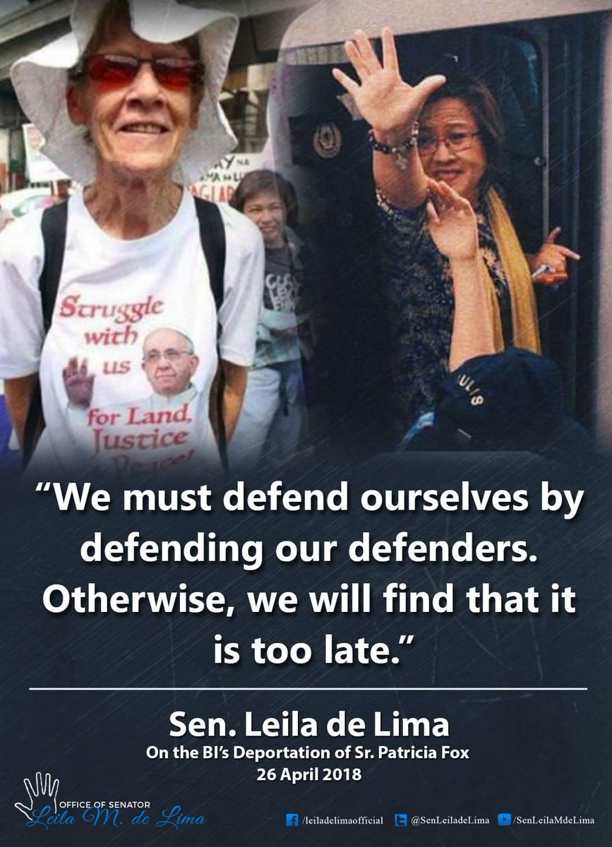 manayleila's tweet photo. DEFEND OUR DEFENDERS! | Sen. Leila M. de Lima on the Immigration Bureau's Deportation of Sr. Patricia Fox

https://t.co/wh19aEFPx4

#DuterteDuwag #FreeLeilaNow #ForFreedom #OneforLeila #LabanLeila #StandUp4HumanRights #WorldisWatching #StopPoliticalPersecution https://t.co/0MPlluqyy3