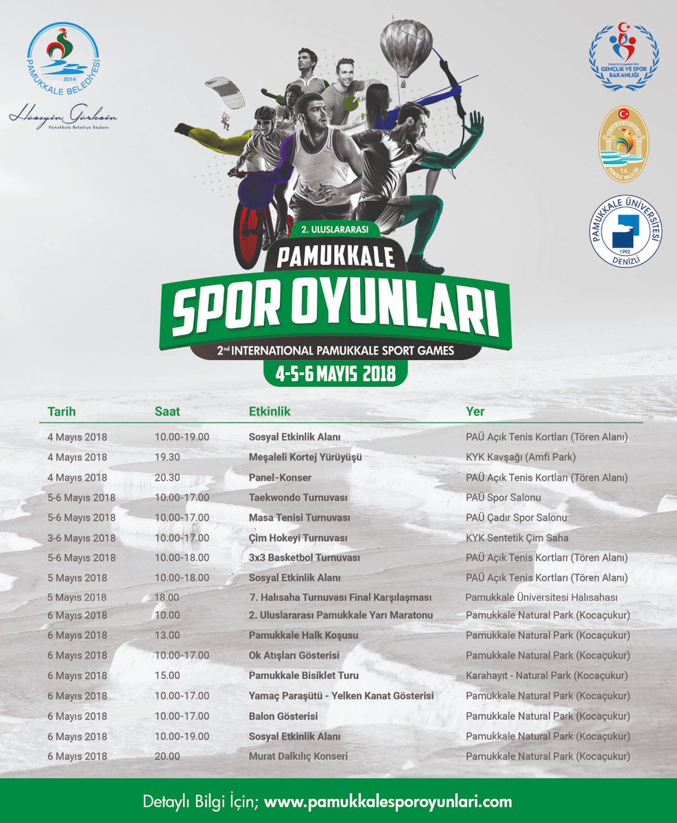2. Uluslararası Pamukkale Spor Oyunları için geri sayım başladı. 4-6 Mayıs 2018 tarihlerinde gerçekleşecek muhteşem şölen için tüm detaylar pamukkalesporoyunlari.com   adresinde.