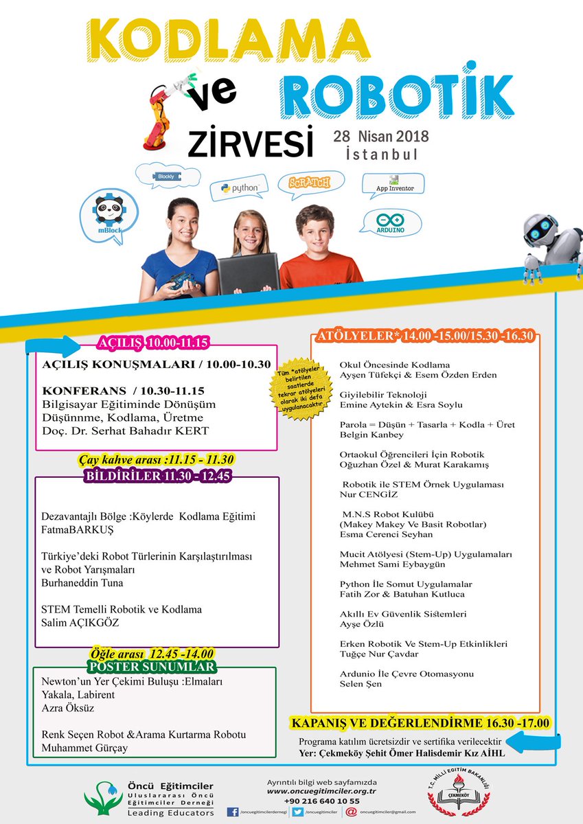Topluluğumuz yönetim ekibinden @FatihhZor ve <a href="/BatuhanKutluca/">Batuhan Kutluca</a> 28 Nisan Cumartesi günü <a href="/oncuegitimciler/">Öncü Eğitimciler</a> Kodlama ve Robotik Zirvesi'nde 'Python ile Somut Uygulamalar' isimli atölye çalışması gerçekleştirecek. Detaylar için: oncuegitimciler.org.tr/sayfa.php?id=7…