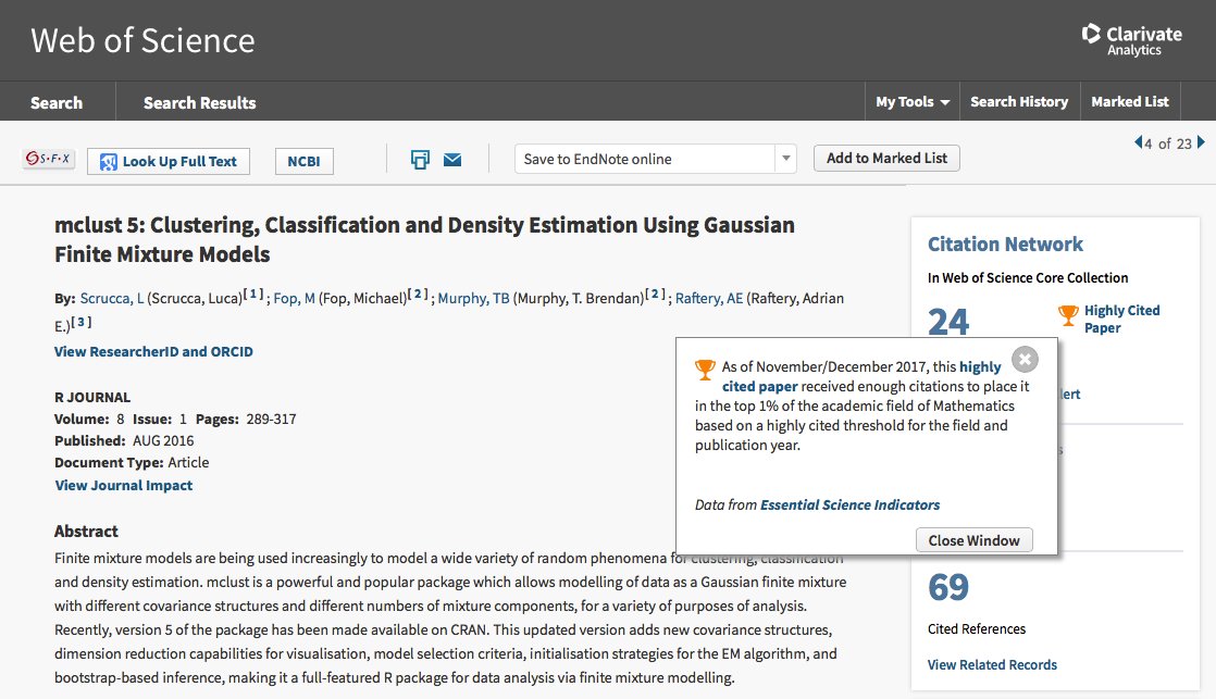luca_scr's tweet image. Our paper with @michael_fop @tbmurphy and @AdrianRaftery1 on #mclust 5 for #Rstat recently identified as a Highly Cited Paper (top 1% of field of Mathematics) by the Web of Science. Impressive 😄
