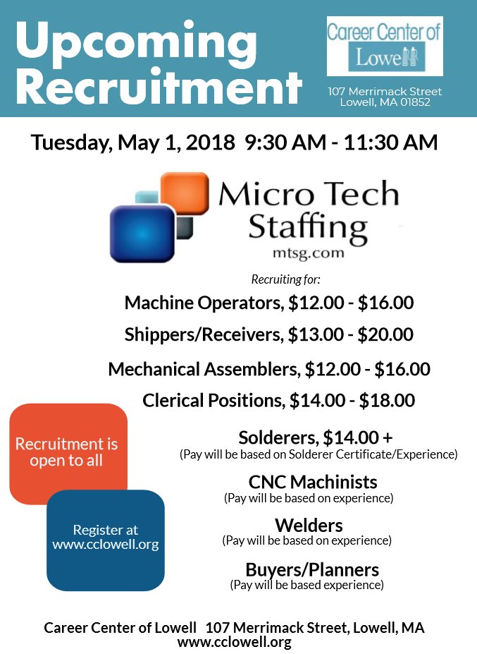MassHireLowell's tweet photo. #Recruitment Tuesday, May 1st from 9:30 - 11:30
@MTSGStaffing is hiring #MachineOperators #Shipper #Receivers #MechanicalAssemblers #Clerical #Solderers #CNCMachinists #Welders #Buyers #Planners @CC_Lowell https://t.co/330WaMphT5