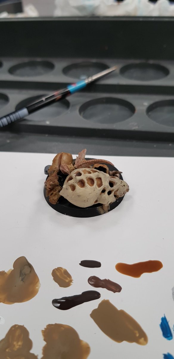 Red_Magician42's tweet photo. my personal hero base made entirely of skulls.I painted different base colours such as Zandri Dust and Rakarth Flesh. Then I shaded them with either Reikland Fleshshade, Seraphim Sepia, Argrax Earthshade or Drakenhof Nightshade. #paintingwarhammer #warhammer40k #warhammer https://t.co/wUIAjE5baF