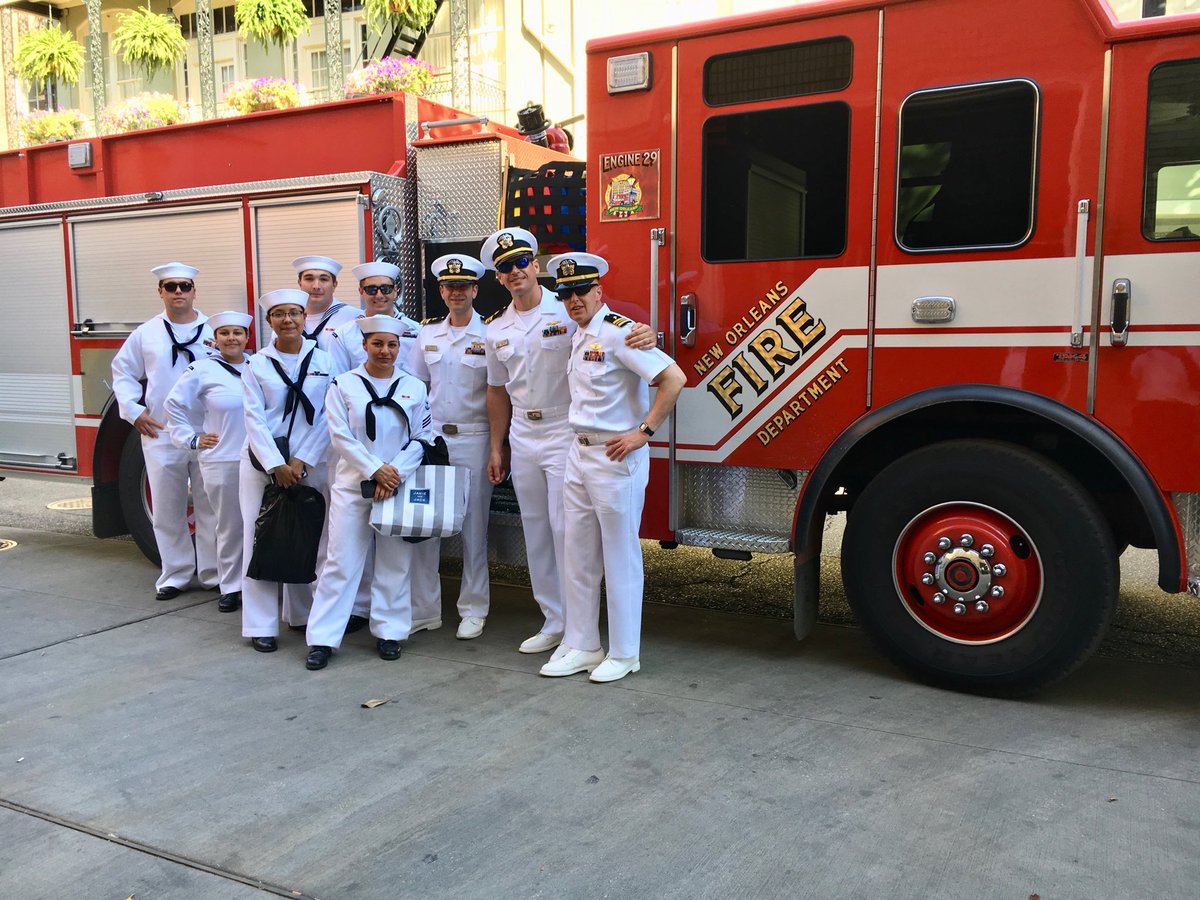 NOLAFireDept's tweet image. 04/25/2018.  Military visitors in New Orleans for Tricentennial New Orleans Navy Week visit The New Orleans Fire Department Headquarters.