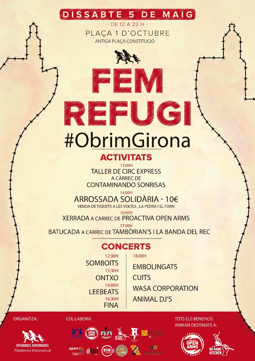 TamboriansGroup's tweet photo. No us perdeu la Batucada que es durà a terme el 5 de Maig a la plaça 1 Octubre en l'acte de Fem refugi. Estarem tocant amb els companys de @labandadelrec 
No us ho perdeu!
#ObrimGirona https://t.co/dRUW2E5uXc