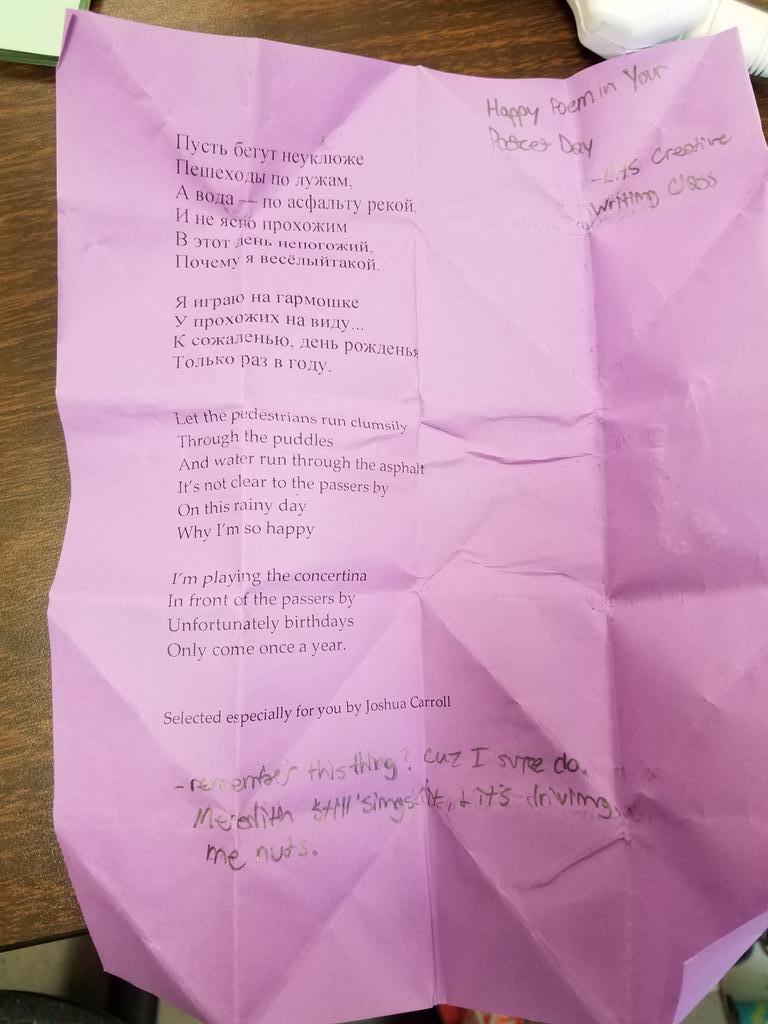 SenoraKellyRBHS's tweet image. Received the birthday song in Russian as my #pocketpoem day! Bonus points as my birthday is in four days #lexgocats #Спасибо