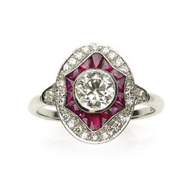 A stunning Art Deco style ruby and diamond ring, set with a centre old cut diamond. We love it! 
Available in store