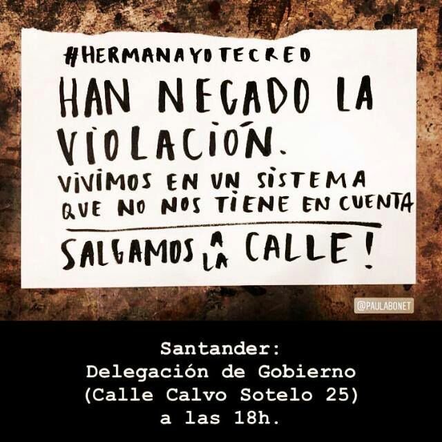 Concejucnc's tweet photo. #Santander 
#YoSiTeCreo 
#JusticiaPatriarcal 
#NoesNo 
@Concejucnc llamamos a participar en la concentración de protesta contra la indignidad de la sentencia del juicio de los violadores "la Manada", hoy, frente a la Delegación del Gobierno, a las 18 h. https://t.co/pRvzGA3BCJ
