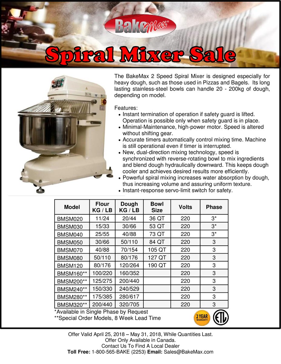 BakeMax_TVI's tweet photo. The #BakeMax #SpiralMixers are on Sale Now! Contact us to Find a Local Dealer Near You! #Baking #Baker #Pizza #2YearWarranty https://t.co/C51muxaTvT