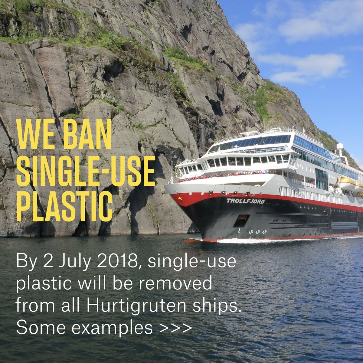 Hurtigruten's tweet photo. Hurtigruten wages war on plastic! By 2 July 2018, single-use plastic will be removed from all Hurtigruten ships!
#environnement #zerowaste #plasticfree https://t.co/PzeqzoN5cz