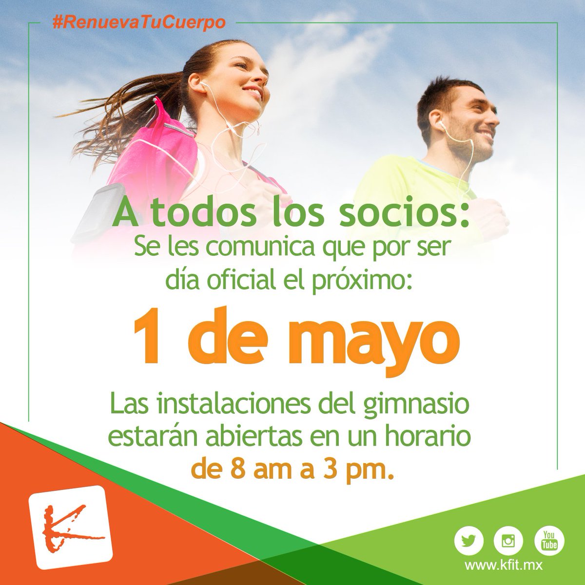 Nuestro horario para este 1° de mayo.
¡Toma nota!.

#Renuevatucuerpo #kfit

kfit.mx