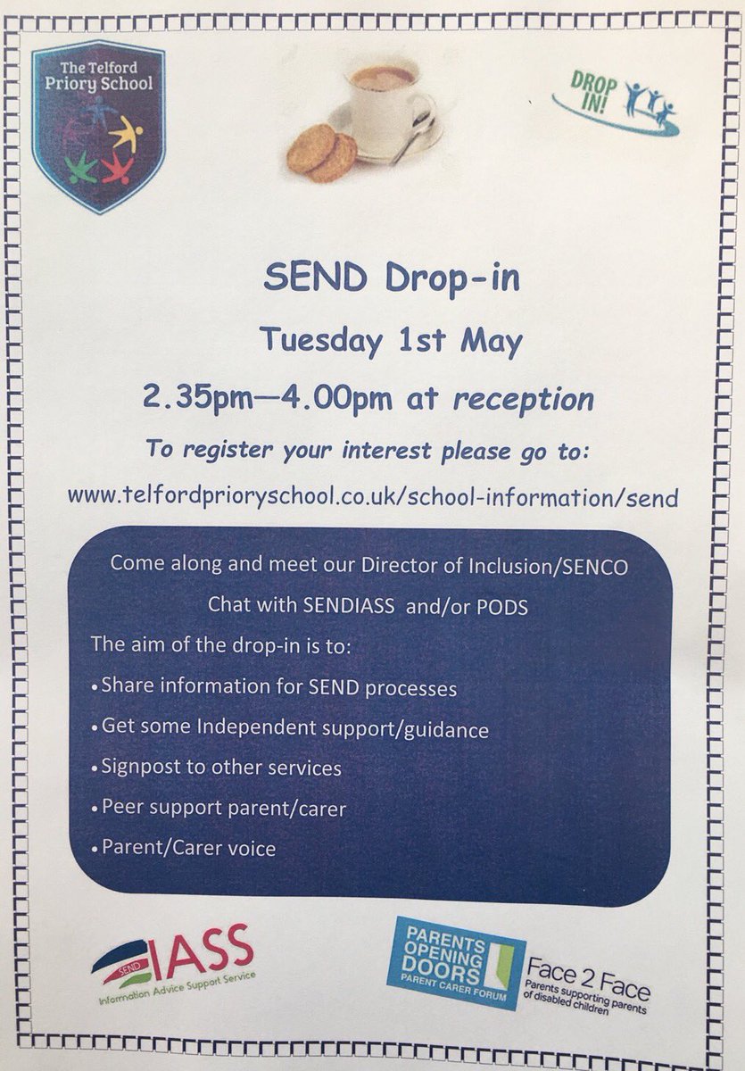 TPSSEND's tweet image. Parent/carers of our young people @telfordpriory with SEND, a quick reminder about our drop-in session on Tuesday. Come for a cuppa and a chat with other parents and carers, Ms Phillips our SENCO, SENDIASS and @PODSTelford 
#parentcarervoice 
#workingtogether
#supportandguidance