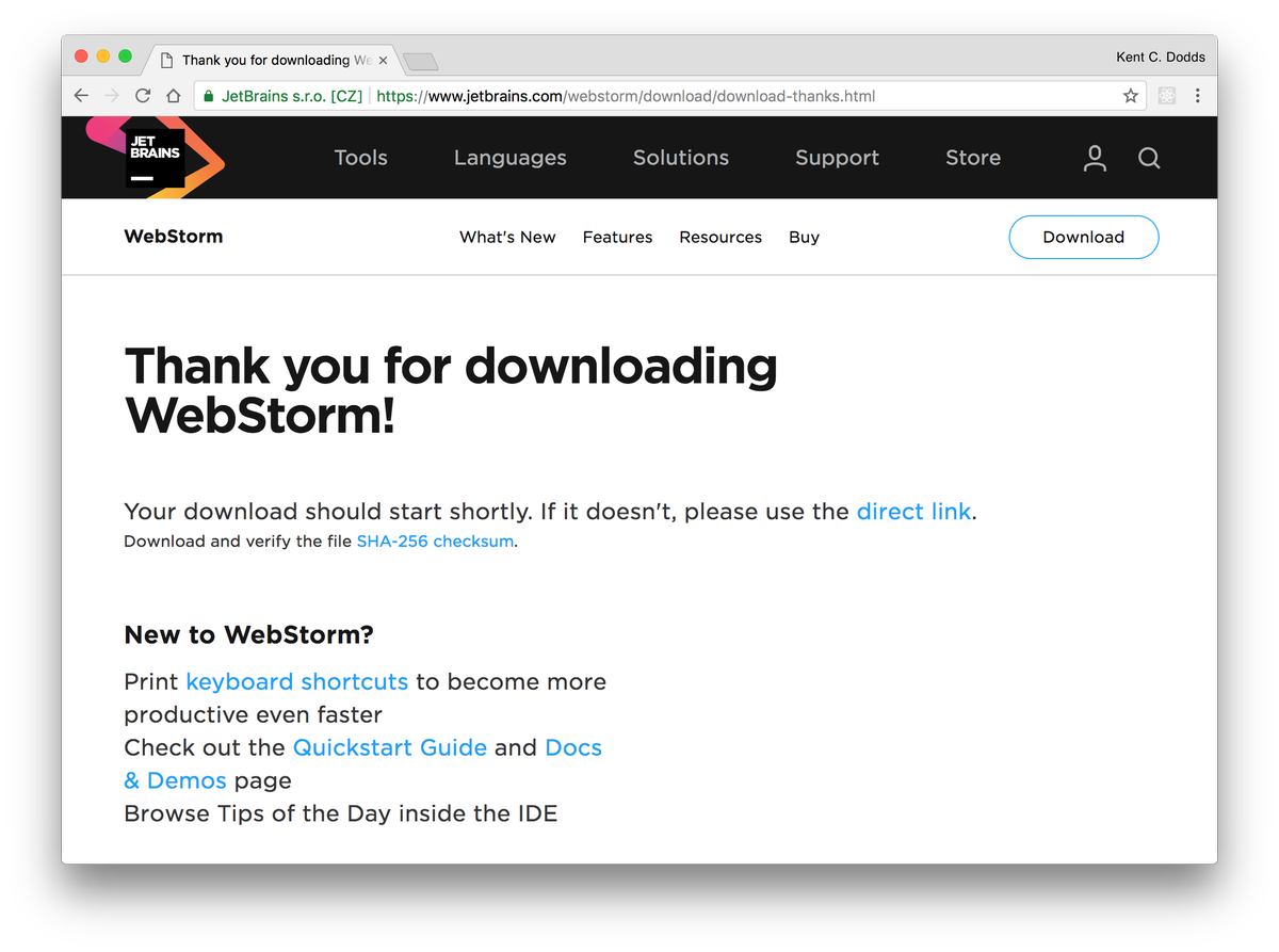 Screenshot of the download webstorm webpage