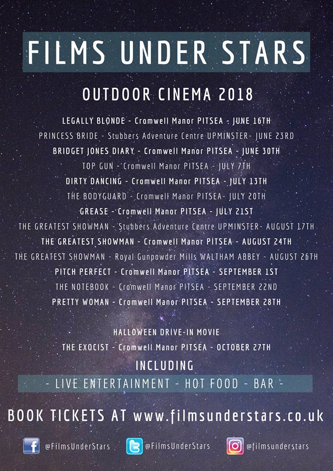 <a href="/FilmsUnderStars/">Films Under Stars</a> 2018 Outdoor Cinema in Essex. The wait is over, we can finally announce our films for 2018! With some very exciting nights planned we are hosting the best season yet!  'Look out 'cause here we come!'  Tickets available now at filmsunderstars.seetickets.com