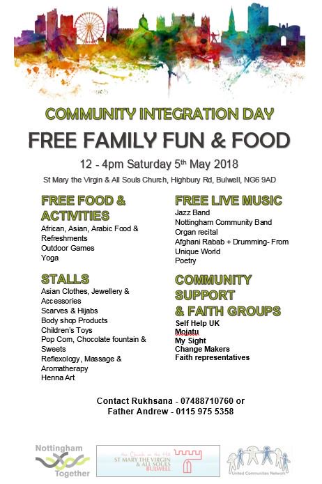 BHMNottm's tweet photo. Community Integration Day, Saturday 5 May, 12-4pm, St Mary Church, NG6 9AD! #Free #Family #Fun #Activities #Stalls #Music #NottinghamTogether See Image Attached For Full Details !!! https://t.co/NdXLNHYVAO
