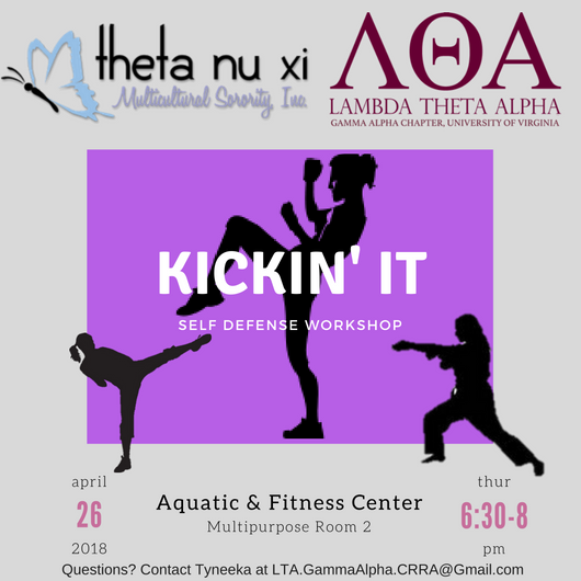 LTAGammaAlpha's tweet photo. Need a quick workout in a safe space? Join us along with TNX as we Kick it with Officer Rexrode in a self defense class! #GAFounders2018 https://t.co/H0MyndJt4s