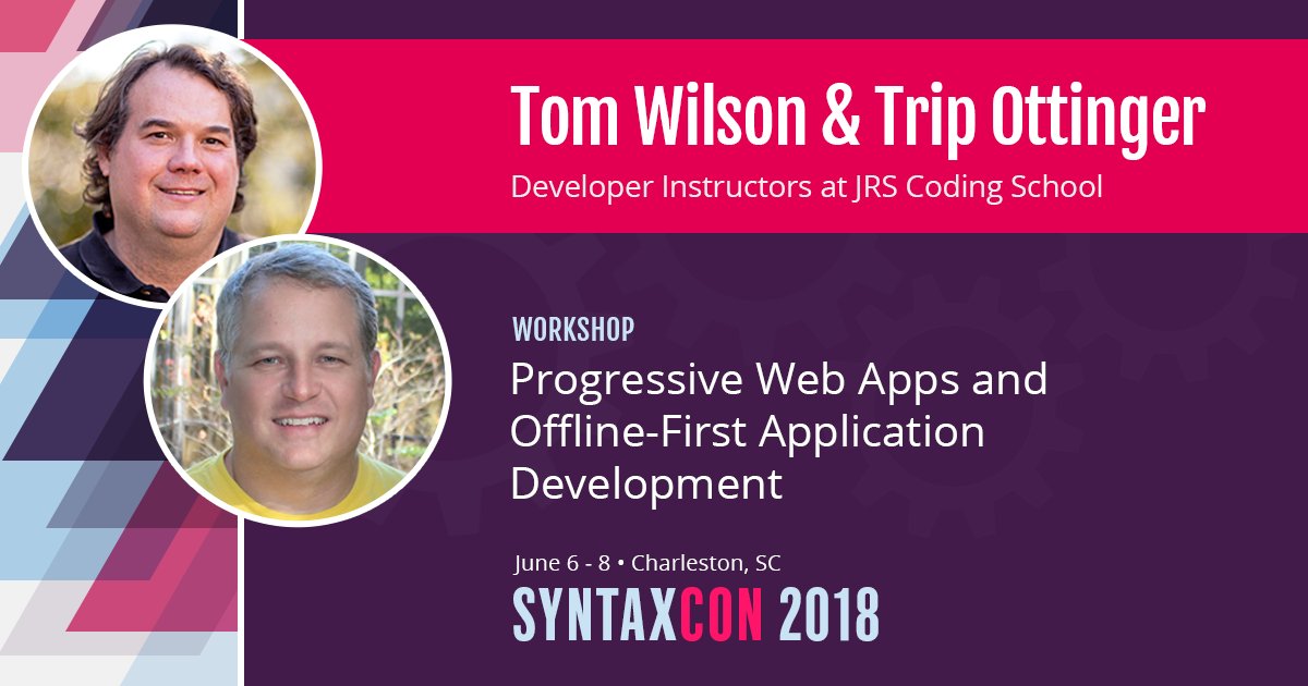 PWAs and Offline-First Application Development, a full-day workshop via <a href="/twilson63/">Tom Wilson</a>  &amp; <a href="/TripOtt/">Haiqal Afiq Onn</a>  of <a href="/jackhq/">JRS Innovation Center</a>  - syntax.ly/2mD0nm7 . . .
#pwas #serviceworker #pouchdb #react #chstech #charleston