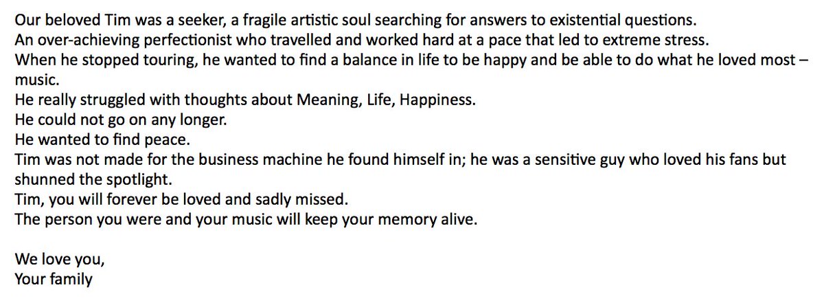 NEW: Family of EDM star Avicii, born Tim Bergling, releases statement following his death at the age of 28.

"Tim, you will forever be loved and sadly missed. The person you were and your music will keep your memory alive." abcn.ws/2HsKhYM