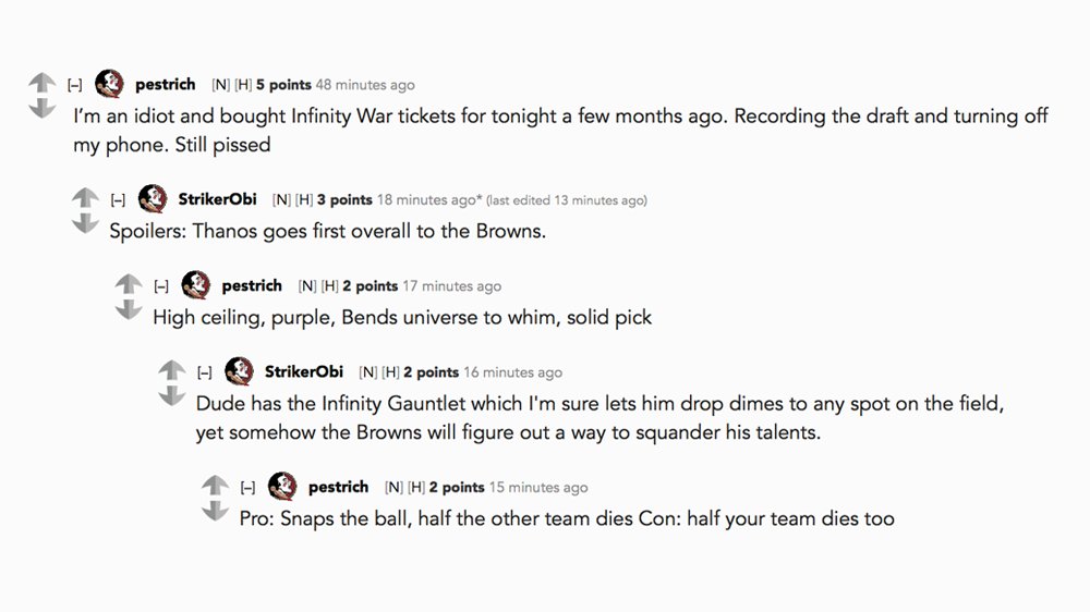 RedditCFB's tweet photo. Which #InfinityWar character would be the best #NFLDraft prospect? 🤔 https://t.co/FqaQEeguFK