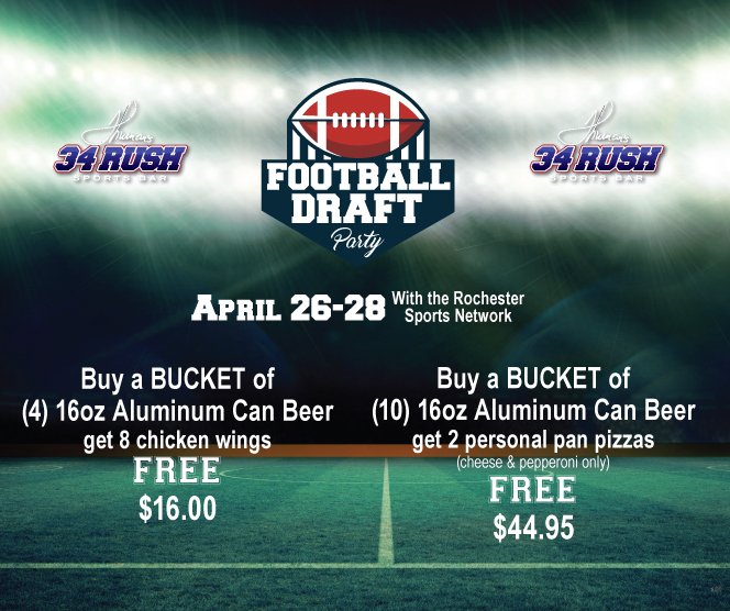 34rush's tweet image. Buffalo Football Fans are invited to attend the @ROCSportsNet Annual Draft Party in @thurmanthomas' @34rush Sports Bar! Food &amp;amp; Drink specials! Giveaways and much more! 

Watch the draft "live" on the big screen! 

#football #footballdraft #buffalobills #BillsMafia #bataviadowns