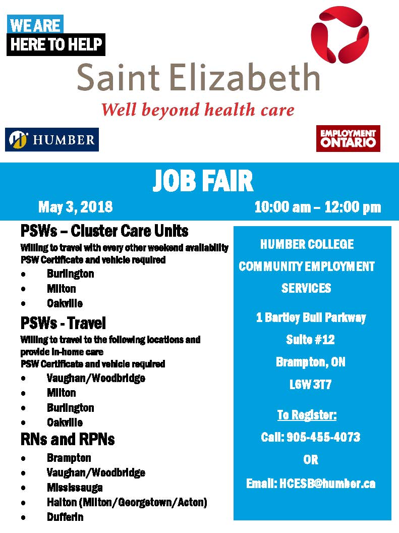 VictoriaFong_'s tweet photo. @StElizabethSEHC is hosting a Job Fair at Humber College CES in Brampton on May 3rd from 10am to 12pm, please RSVP!
#saintelizabeth #SEHC #psw #personalsupportworker #rn #registerednurse #hospice #palliative #jobfair #career #job https://t.co/GGsl7me8IU
