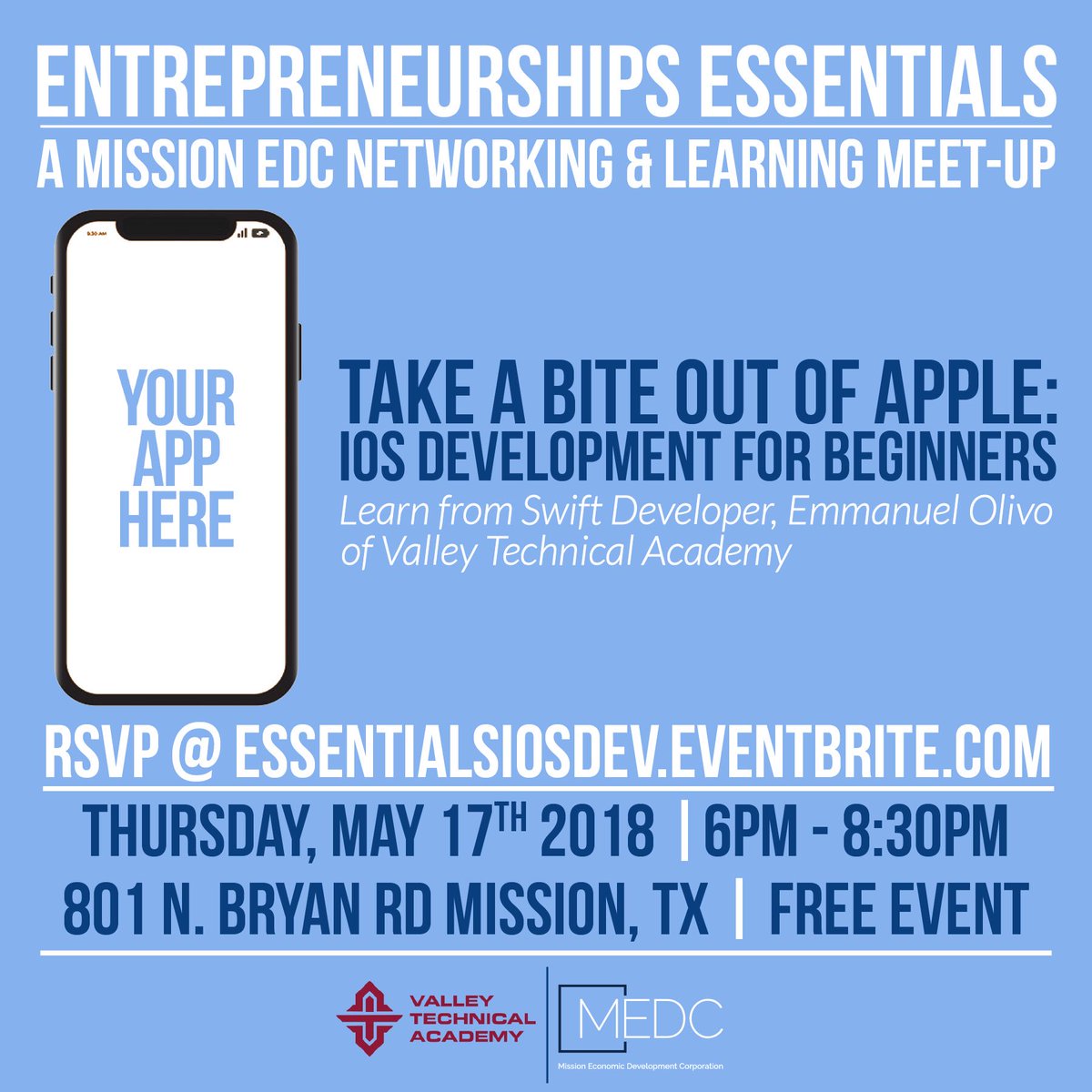 MissionEDC's tweet photo. Want to learn how to create an app for your business? Sign up and join us at the CEED on May 17th for a workshop about iOS Development!
Register at https://t.co/p62iOSvhQO
#MissionEDC #iOSDevelopment #Apps https://t.co/B9sb5Syb3H