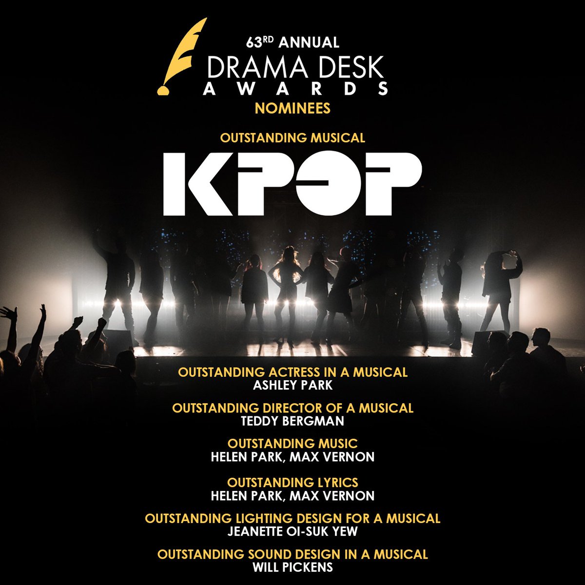 arsnova's tweet photo. KPOP has been nominated for 7 @DramaDeskAwards, including Outstanding Musical! Congratulations, @HelenHjPark @maxvernon @waytooserious @WoodshedNYC @MaYiTheater @JeanetteYew @willpickens @TeddyBergman @ashleyparklady and the whole #KPOPLive family! https://t.co/bGlF1Vzqo5
