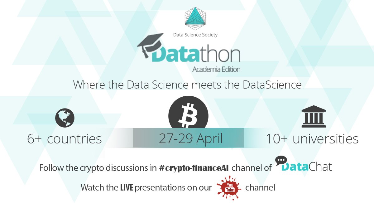 Datathons's tweet photo. The #AcademiaDatathon starts tomorrow!!! 
This challenge will be an arena where #Cryptocurrency meets #DataScience.  It's University #DataScience Hackathon open for the students to experiment with real-world data case. https://t.co/gt8oHd9D68   
#Datathon #Data #Crypto https://t.co/2UkBZHVlWx