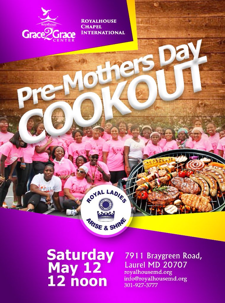 Don't miss the Pre-Mothers Day Cookout on Saturday, May 12 at noon. There will be food, drinks, games and much more. #Grace2Grace #ETAgormeda #Hope4Real