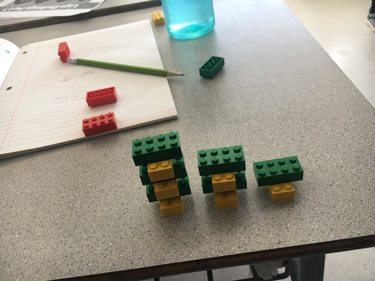 CalliMac10's tweet photo. Building growing patterns, charting variables and writing equations in Math this morning. #introtoalgebra #algebra #findtheunknown #edchat #gr5math #lego #makingthinkingvisible @HeatherCrook12 @DMGSchool https://t.co/PNCUSwGVlA