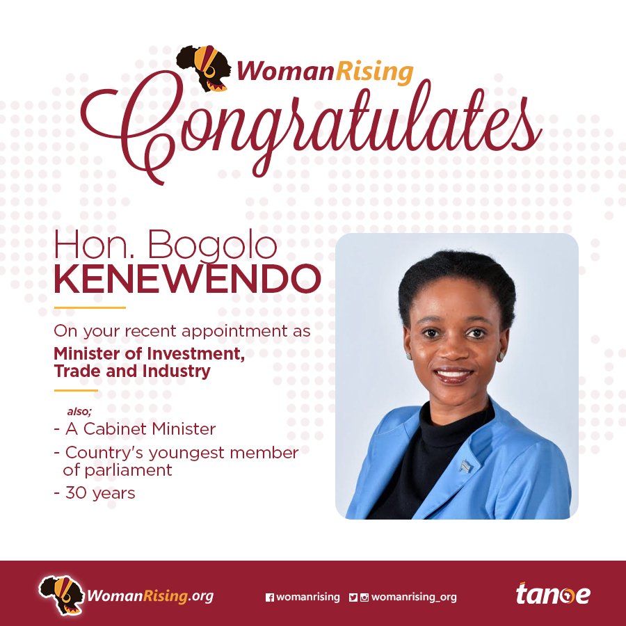 WomanRisingN's tweet photo. Congrats to the newly appointed Minister of Investment, Trade and Industry in @BWGovernment 

She is Hon @BogoloKenewendo and currently the youngest person in Cabinet and also the Youngest Female Minister.

On behalf of WomanRising, we say Ayekooooo

#WomanRising #Botswana https://t.co/Iuwo3aoIba