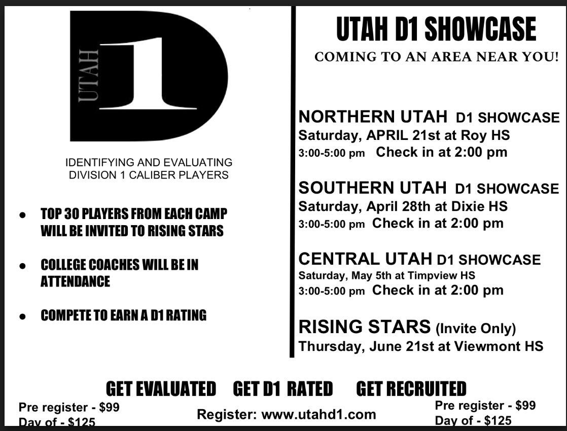 We’ll have a few colleges in attendance on Saturday for the D1 Showcase in St. George (Dixie HS). We’ll also have schools in attendance next week at Timpview. 
D1 schools, as well as D2 &amp; D3. 

Great opportunities to get on the radar
