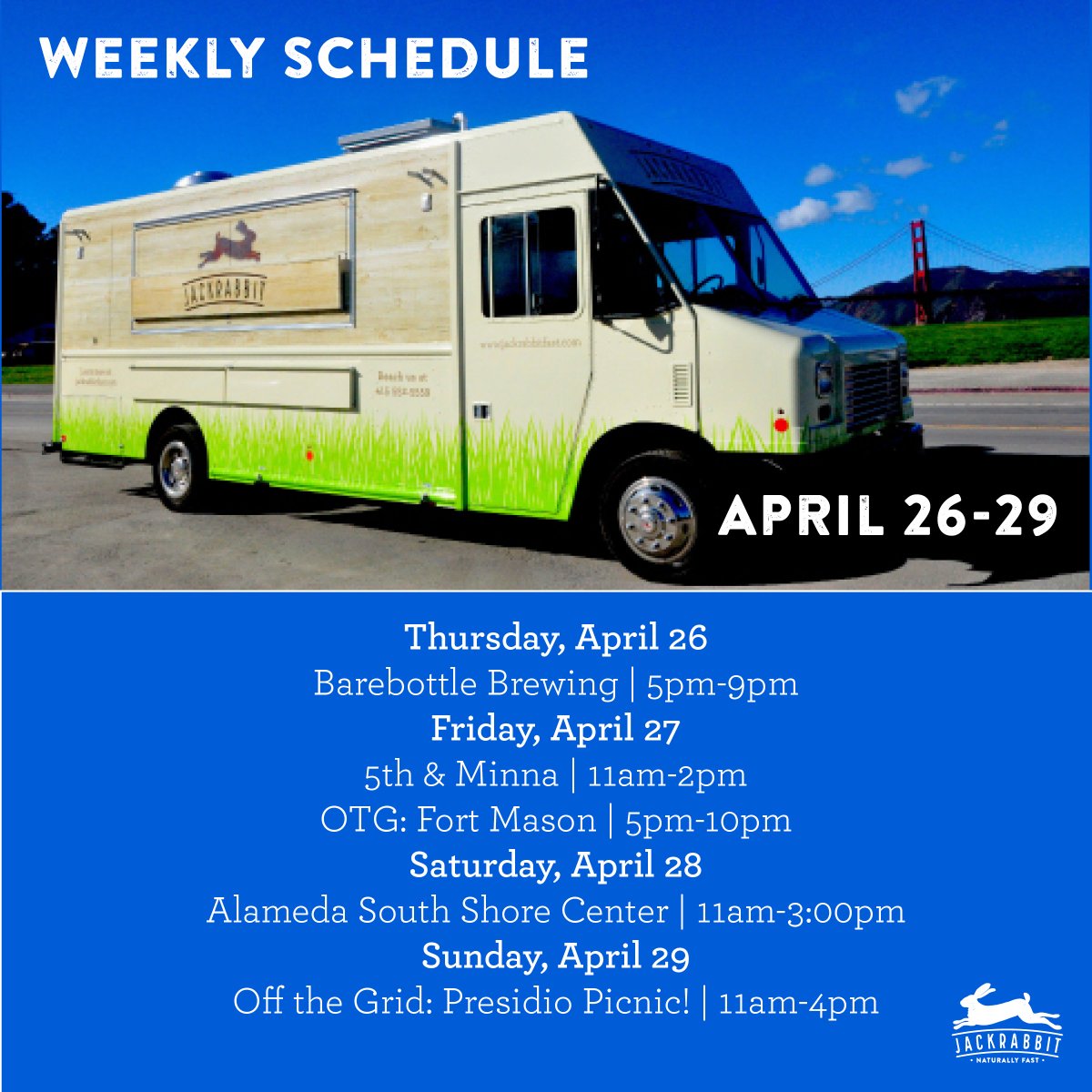 Weekly schedule alert! Headed to <a href="/barebottlebeer/">Barebottle Brewing</a> tonight, <a href="/otgsf/">Off the Grid</a> 5th &amp; Minna and Fort Mason tomorrow, <a href="/ASouthShoreC/">Alameda South Shore</a> Saturday and #PresidioPicnic Sunday! See you out there friends.