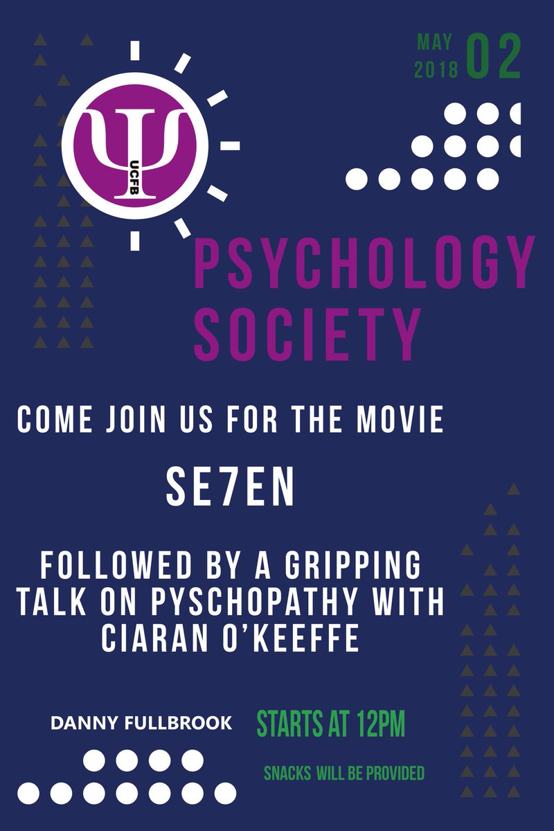 PSocietyUcfb's tweet photo. NEW EVENT! ☺️ Join us to watch the film Se7en next Wednesday at 12 in Danny Fullbrook! It will be followed by an intense talk by forensic psychologist Ciaran O’Keeffe on psychopathy. Hope to see you there! @UCFBWSocieties @ucfbuk https://t.co/Dxb8gtepTl