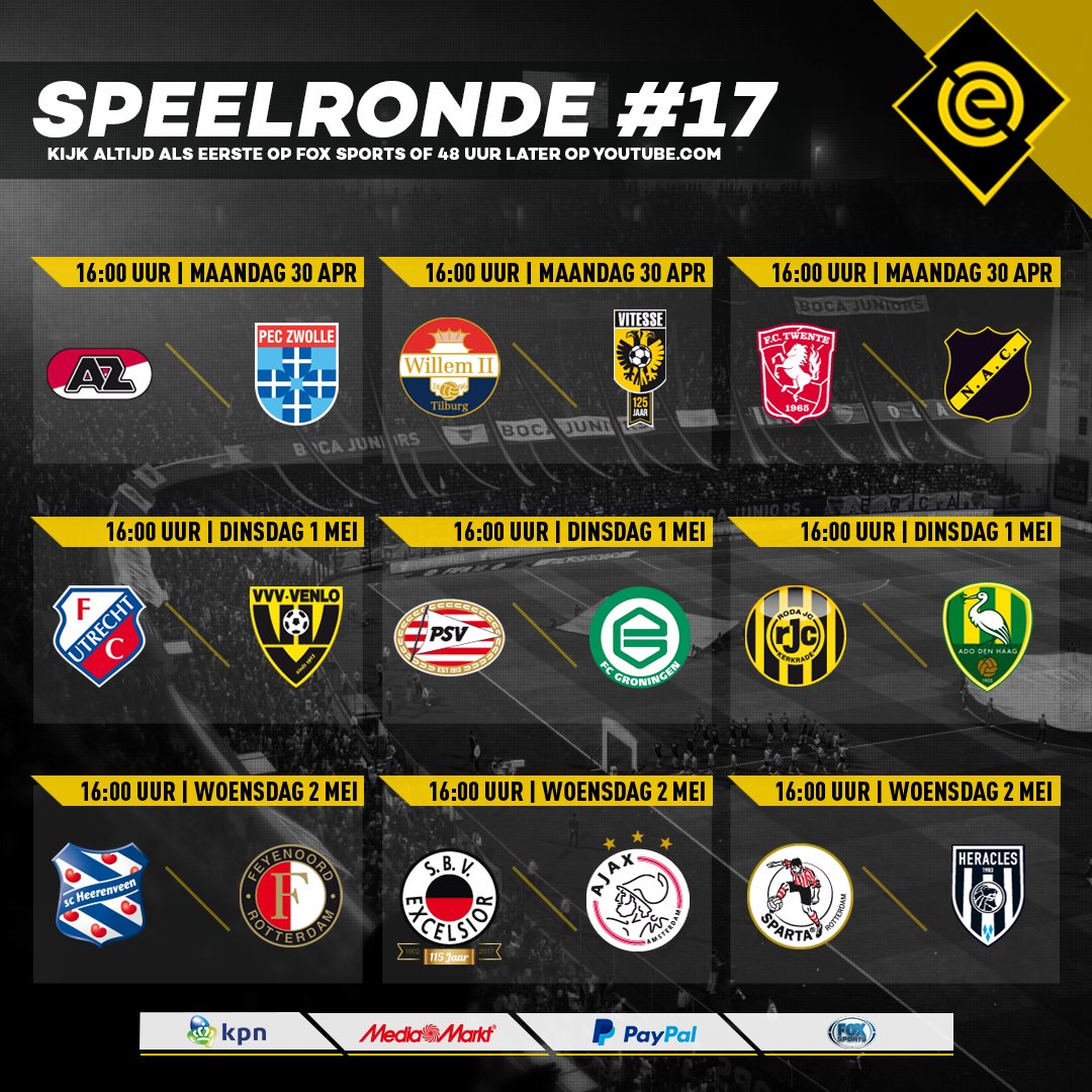 eDivisie's tweet photo. De allerlaatste speelronde van dit seizoen! Ga jij de kampioenstrijd woensdag (16.00 uur) op @FOXSportsnl volgen? Vanaf 16.00 uur een schakelprogramma met de kampioensstrijd! #edivisie #fifa18 https://t.co/gccwLPIo2a