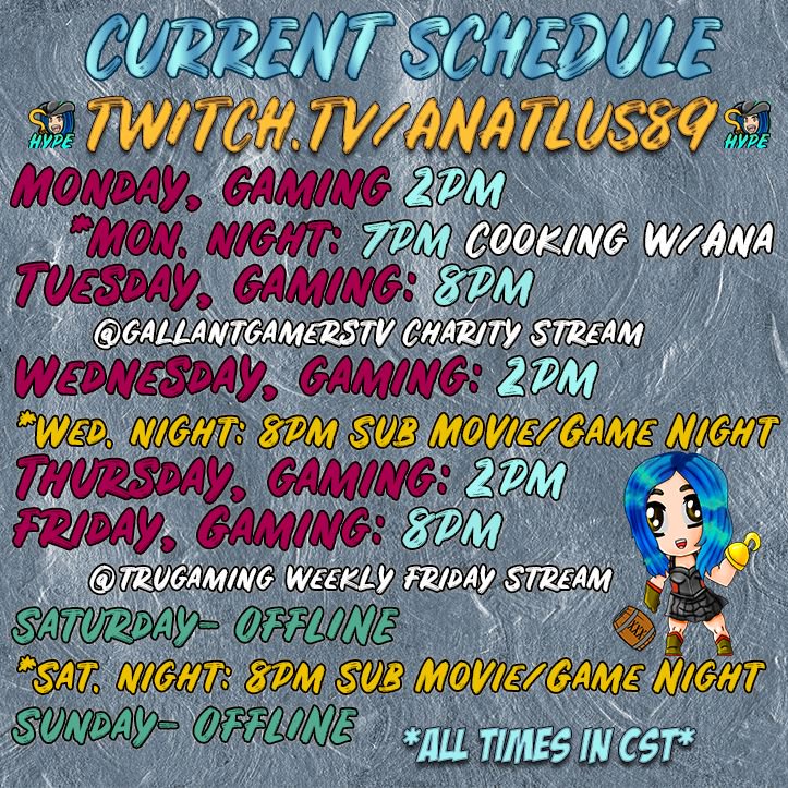 anatlus89's tweet photo. Make sure you check out my new schedule &amp; make sure you have it saved and memorized!

Added a cooking stream on Monday nights, and another sub movie/gaming night so I can hang with as many of you as possible! 

See you today at 2pm CST for some more #ESLegends
#AnasPirateCrew https://t.co/t9m9wqCOfj