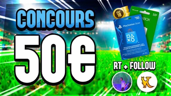KangouRo1's tweet photo. 🎁 New #CONCOURS #GIVEAWAY 🎁

50€ de cartes kdo à gagner #PSN #Xbox #Itunes #Googleplay #FIFA18 à gagner

1️⃣ Suivre @Samylumine et @KangouRo1 

2️⃣ #RT le post  

3️⃣ Mentionne un(e) ami(e) 

🍀Tirage le 11 mai 2018 à 21h🍀 https://t.co/yl9p3GUACq