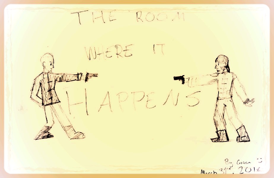 frauncestavern's tweet photo. Today's #ColoniesInContext drawn by one you Museum visitor depicts Alexander #Hamilton and Aaron Burr's infamous duel to the death. Despite this clever tagline, the duel did not actually happen in Fraunces Tavern, but the two DID share a meal here just a week before. https://t.co/GFUJkN1LlZ
