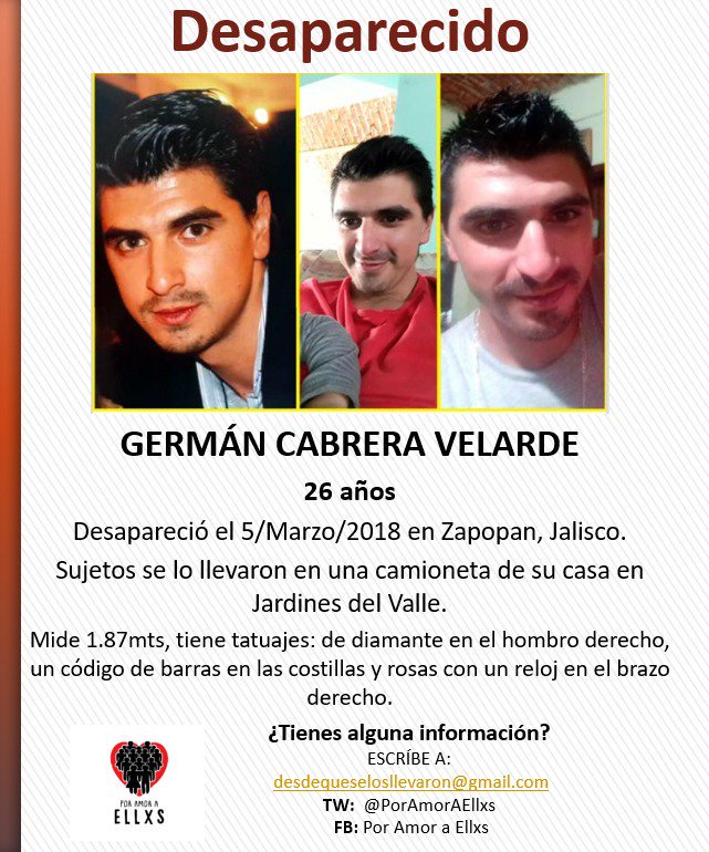 #ALERTA 
#NosFalta Germán Cabrera Velarde, 26 años. 
#Desaparecido el 5/Marzo/2018 en la colonia Jardines del Valle, Zapopan, #Jalisco.
Sujetos en una camioneta se lo llevaron de su casa.
<a href="/Trafico_ZMG/">TráficoZMGuadalajara</a> @SOS_Mural <a href="/torreszam/">Gricelda Torres Zambrano</a>