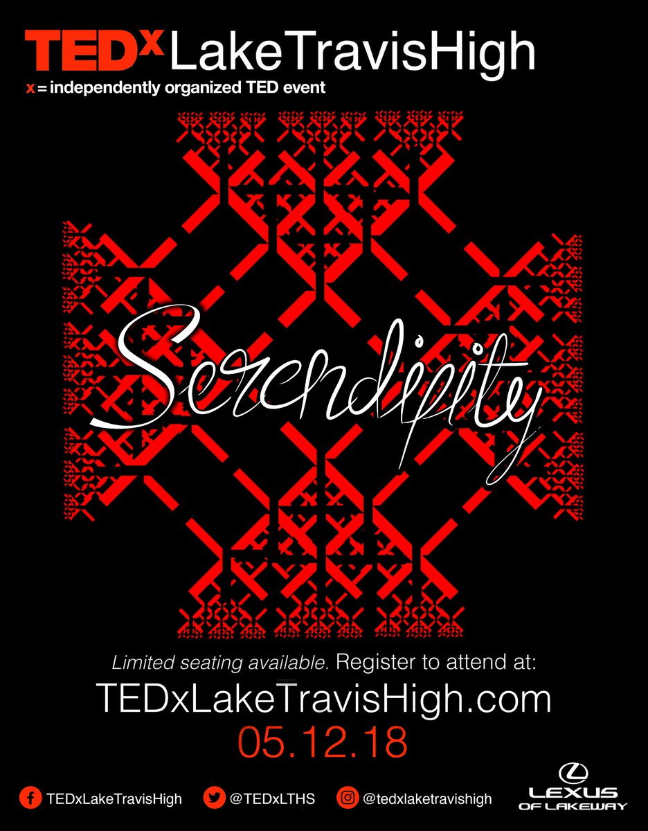 Please join us for an afternoon of “Serendipity” on May 12th. Student and adult talks promise to inspire the imagination and generate interesting and important conversations. Register today at TEDxLakeTravisHigh.com (*Limited seating available) <a href="/ltisdschools/">ltisdschools</a> <a href="/LakeTravisHS/">LT High School</a>