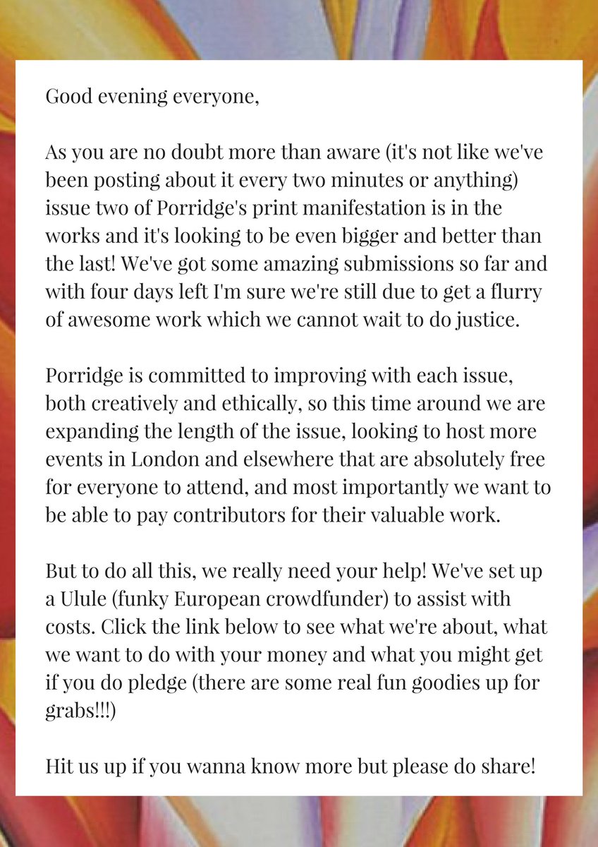porridgemag's tweet photo. Want to support an interdisciplinary print magazine and get something cool out of it that's not just the satisfaction of giving? PORRIDGE NEEDS YOU!

We are crowdfunding for issue two and every little bit helps. Tell your pals / fam / sugar daddies xxx

 https://t.co/K3ad16jBx9 https://t.co/l863lauDP5