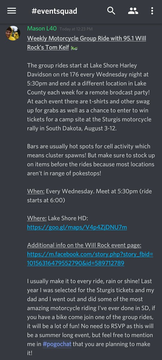PoGoAlerts847's tweet photo. Join me for the @WIILROCKmorning weekly group rides this summer! Most ending locations have a cluster spawn so there will be mons to catch and fun times to be had! #fullthrottle #bikenight https://t.co/hfBVbOkFWR