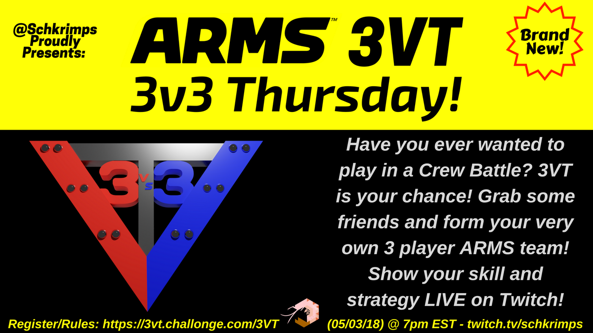 Schkrimps's tweet photo. Brand new 3v3 tournament! Grab some friends and form your very own #ARMS team. All players are welcome to join #3VT , the new tourney series on https://t.co/5B5XOpWDt0 . Matches are streamed LIVE starting next Thursday! Sign up here: https://t.co/Gnepuba6pV https://t.co/NKLDluL4iA