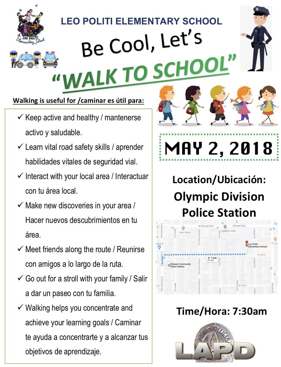 LAPDOlympic's tweet photo. Walk to school with a cop happening May 2nd (7:30am) at Leo Politi Elementary๐ #walkwithacop #schoolsafety https://t.co/jR6mxoLDcR