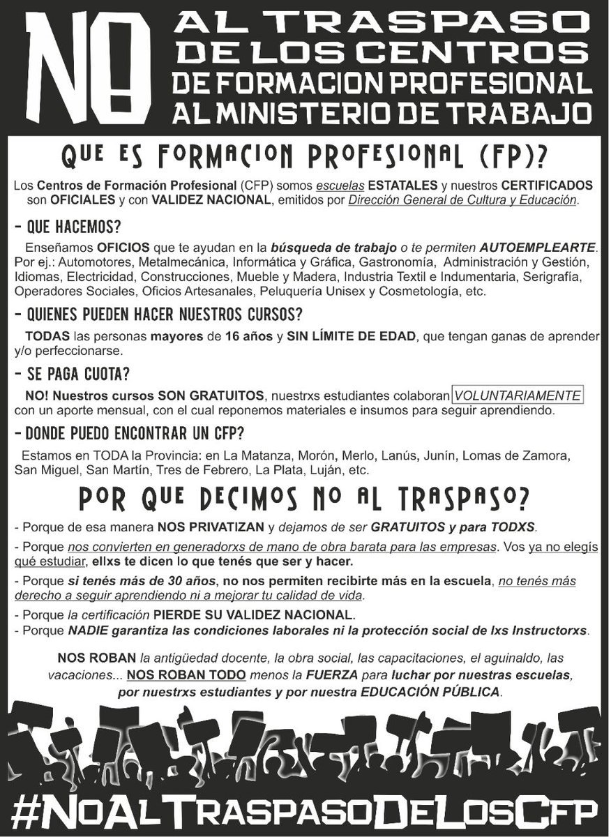 NoalTraspaso's tweet photo. @sandriovie @jas860 @karinahuerta123 @9Yoca36 @ocaceres2013 @JuanVi77a @C5N @ahora Los Docentes decimos #NoAlTraspasoDeLosCFP Ataque a la educación publica #LaGargantaPoderosa #SentadaDocente #ParitariaNacionalDocente #MacriEscuchaALosDocentes https://t.co/oX21tEZ1P0