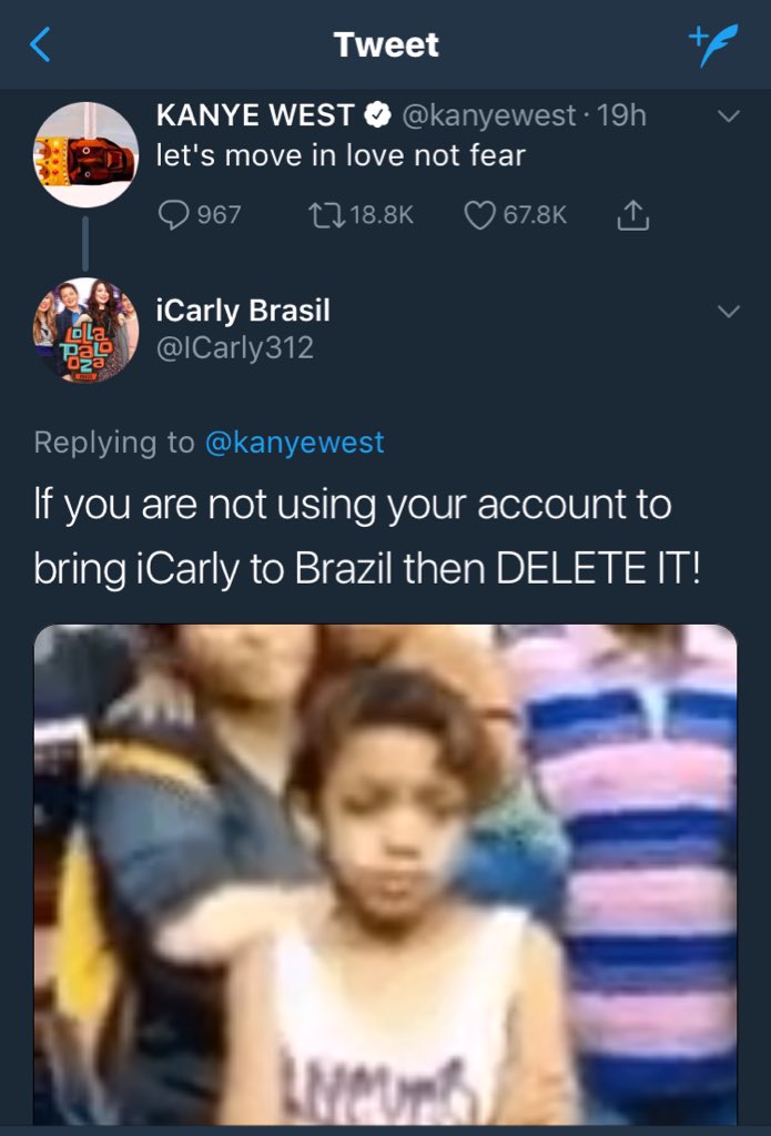 lukasbattle's tweet photo. My favorite thing on Twitter rn is the icarly Brazil account that responds to every single one of Kanye’s tweets https://t.co/PRYlAZVAcy