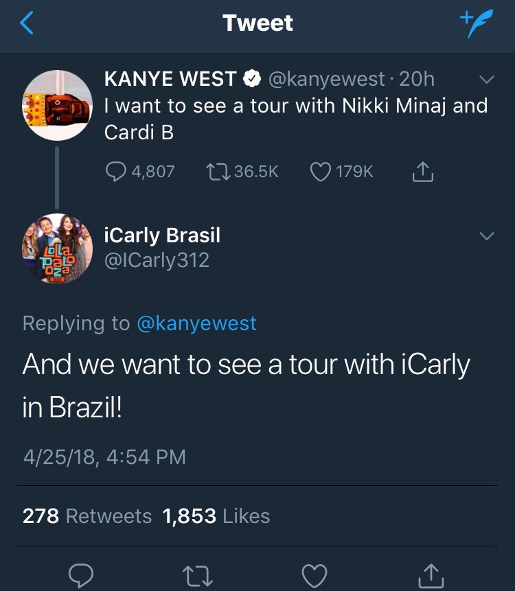 lukasbattle's tweet photo. My favorite thing on Twitter rn is the icarly Brazil account that responds to every single one of Kanye’s tweets https://t.co/PRYlAZVAcy