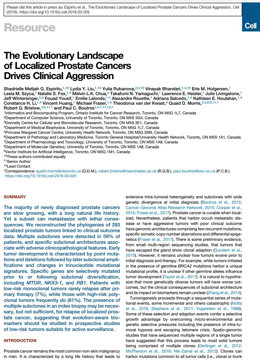 LambAlastair's tweet photo. Stunning new @CellCellPress paper from @TheBoutrosLab on clonality of #ProstateCancer. 
•n=293 men with #LocalisedCaP
•59% multiclonal
•>2 subclones increases PSA pre Tx
•secret 'clonal marker' predicts BCR
@OICR_news 
#TopNotchScience
@TheoKwast
https://t.co/1fq5Z0FHJk https://t.co/vzYHdFwHHt
