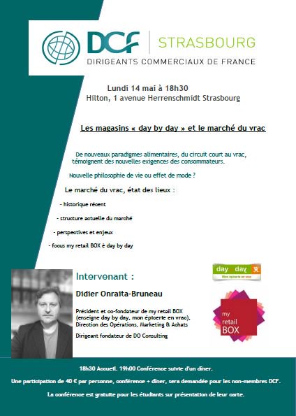 dcf_strasbourg's tweet photo. Venez nombreux le 14 mai 2018 découvrir "LES MAGASINS DAY by DAY ET LE MARCHE DU VRAC " avec Didier Onraita-Bruneau, Président et co-fondateur de my Retail Box.
Inscriptions:https://t.co/F3UkNkoUQS https://t.co/BVXlFHzOnQ