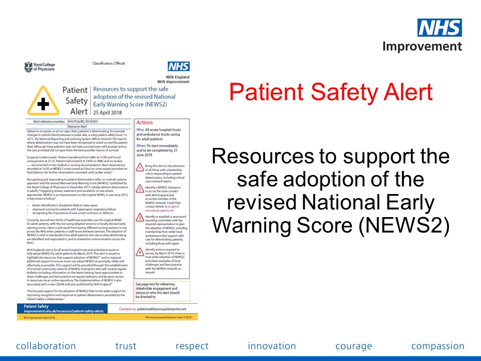 ptsafetyNHS's tweet photo. Patient Safety Alert: Resources to support the safe adoption of the revised National Early Warning Score (NEWS2). View the alert here https://t.co/OOn0Vo9E14 https://t.co/UGwl34Wmga