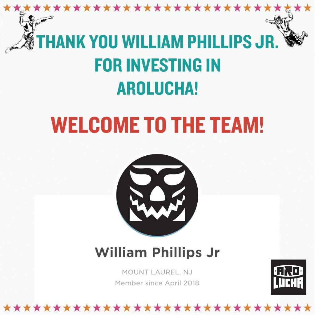 AroLucha's tweet image. Welcome to the team, William! 😎 
Take action today:  wefunder.com/arolucha #crowdequity #ownership #sports